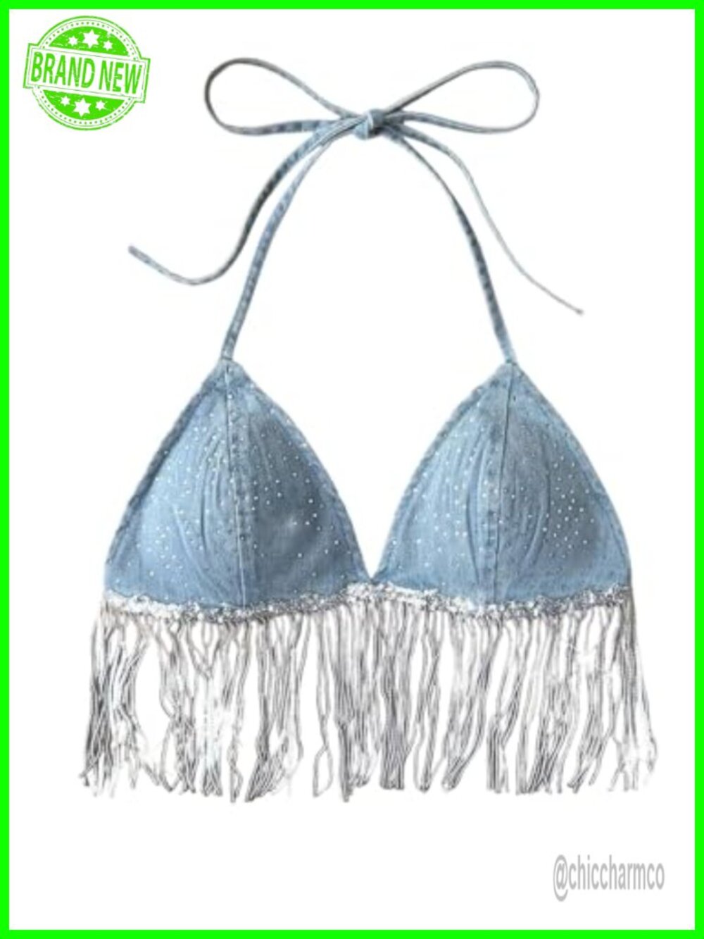 Rhinestone Fringe Denim Halter Crop Top Sleeveless Tie Back Party Top